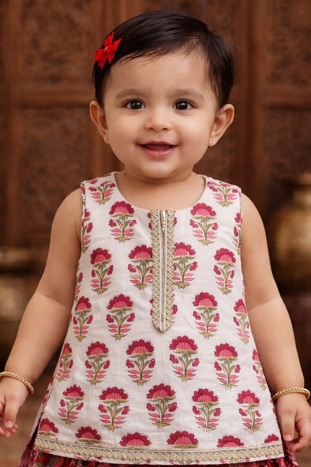 Pspeaches Baby Girls Maroon & White Ethnic Booti Print Cotton Circular Lehenga With Choli Set ( Sku-Ing-Lred )