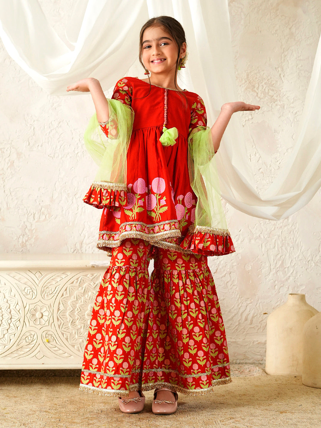 Pspeaches Girls Red Ethnic Booti Print Cotton A-Line Kurta & Sharara With Dupatta ( Sku-Sha-Redbooti )