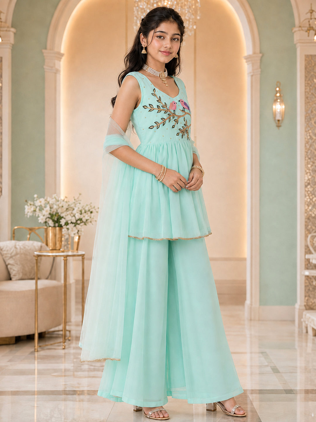 Pspeaches Girls Georgette Sleeveless Square Neck Embroidered Green Kurti & Palazzo With Dupatta 3 Piece Set