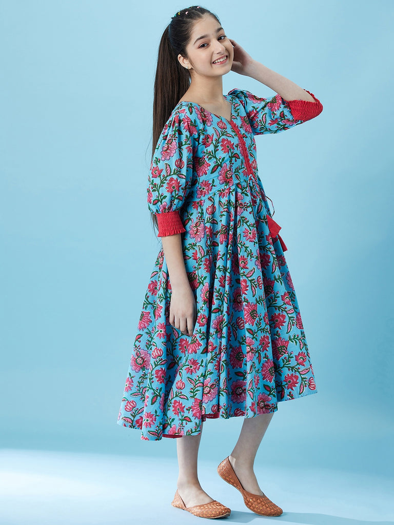 Pspeaches Girls Floral Printed Fit & Flare Cotton Midi Dress (IW-JAALBLUE)