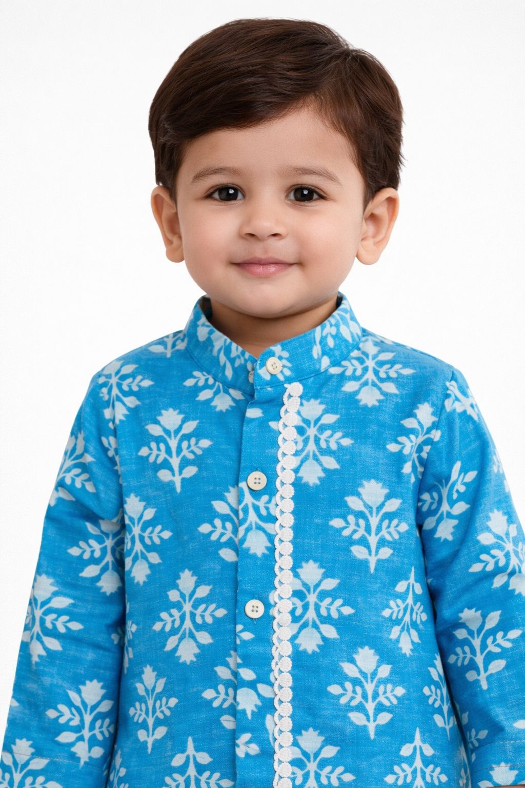Pspeaches Baby Boys Blue & White Ethnic Booti Print Cotton Straight Fit Kurta With Pyjama Set ( Sku-Inb-Bluebooti )