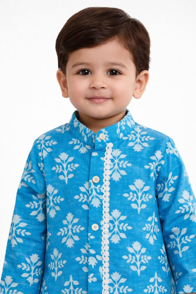 Pspeaches Baby Boys Blue & White Ethnic Booti Print Cotton Straight Fit Kurta With Pyjama Set ( Sku-Inb-Bluebooti )