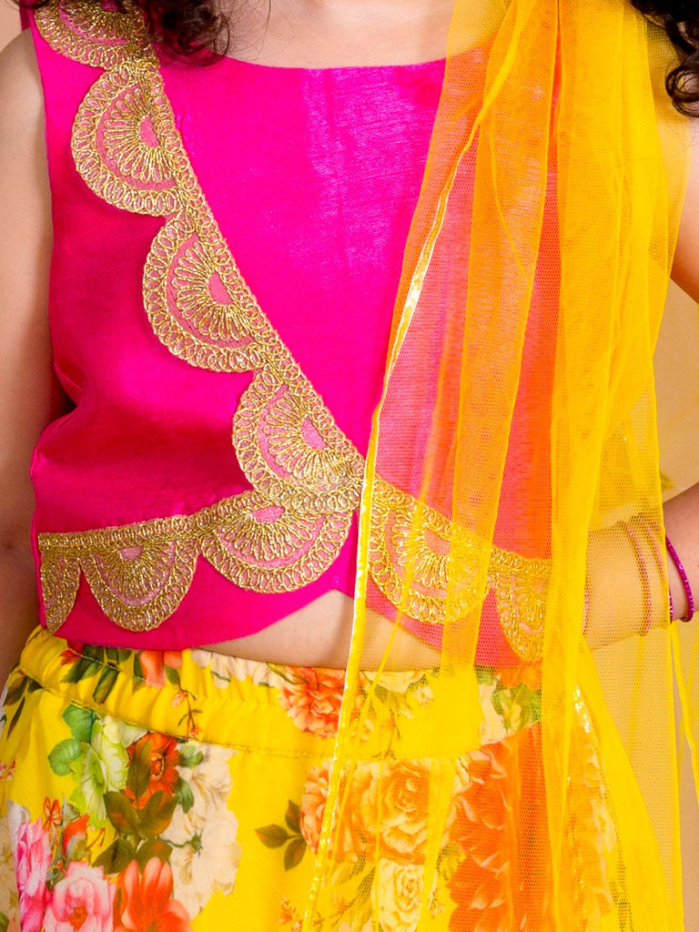 Pspeaches Girls Yellow Pink Embroidered Ready To Wear Lehenga Blouse With Dupatta (L-YELLOW FLORAL GGT)