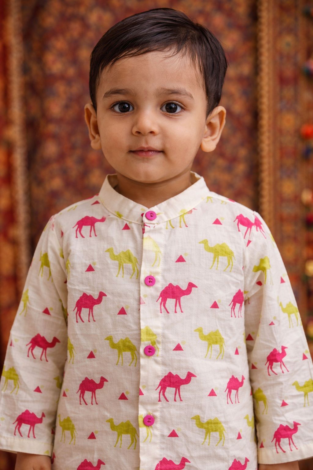 Pspeaches Baby Boys Beige Ethnic Animal Print Cotton Straight Fit Kurta With Pyjama Set ( Sku-Inb-Camel )