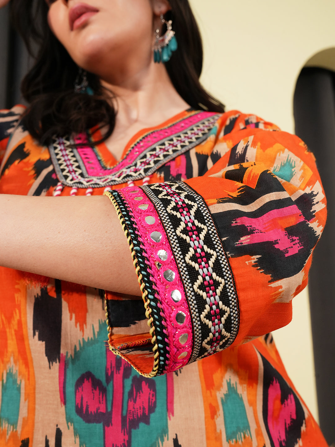 Orange Ikkat Printed Kurta Set