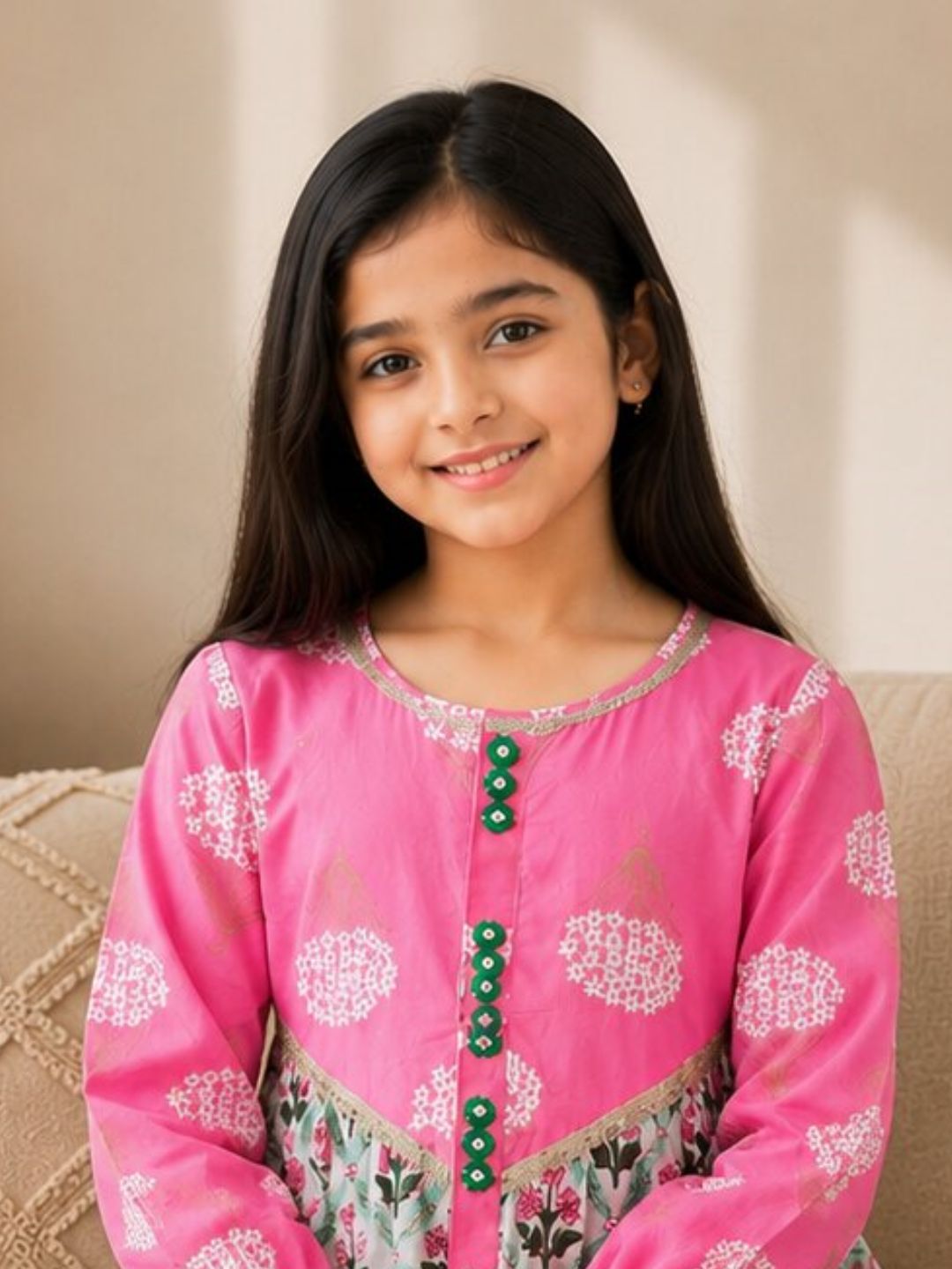 Girls Floral Printed Loose Fit Patch Work Kurta With Pants (KS-OFFWHITEBOOTI)