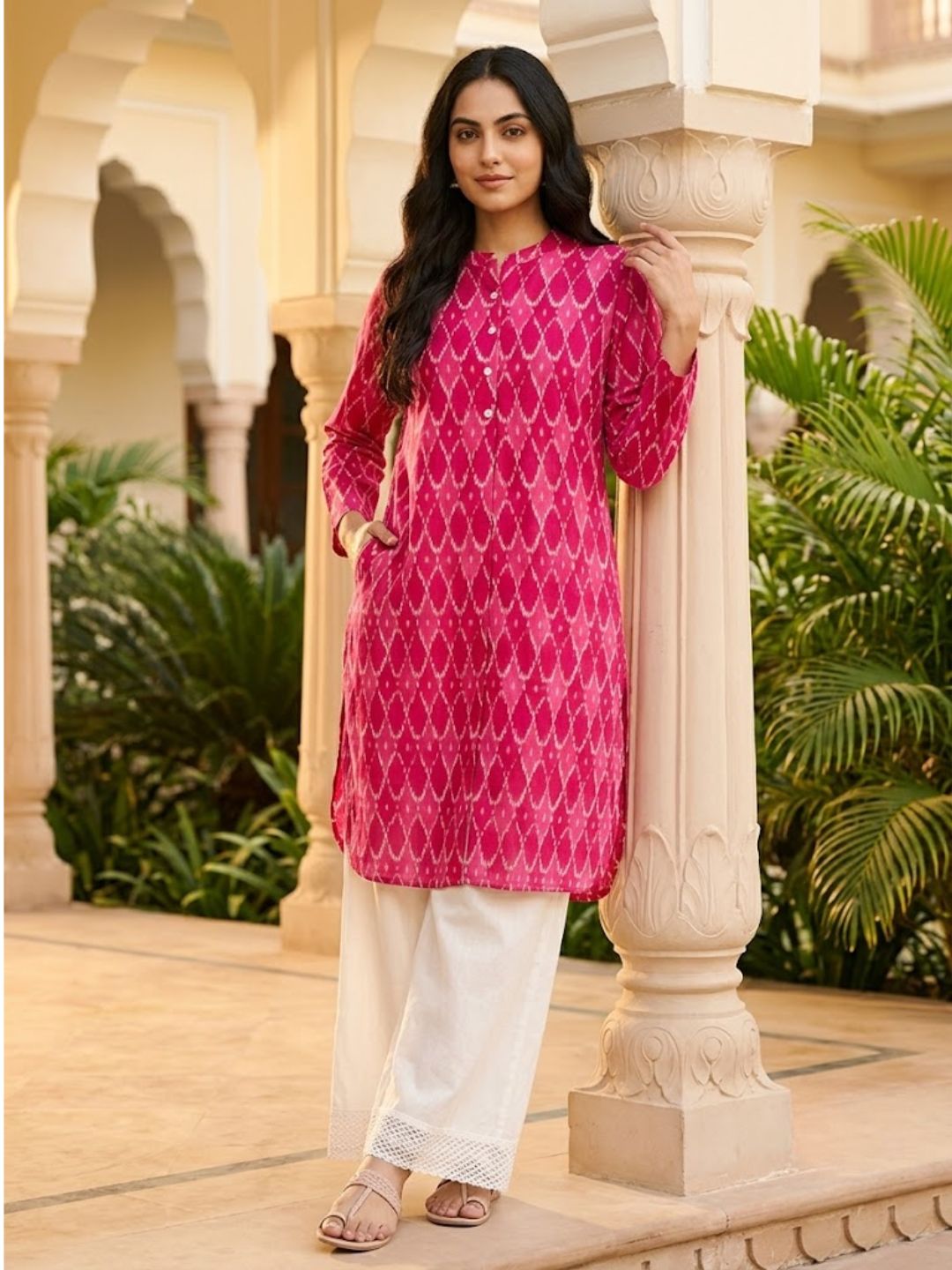 Pspeaches Women Cotton Full Sleeves Mandarin Collar Ikkat Print Kurta With Pant 2 Piece Set - Magenta &amp; White