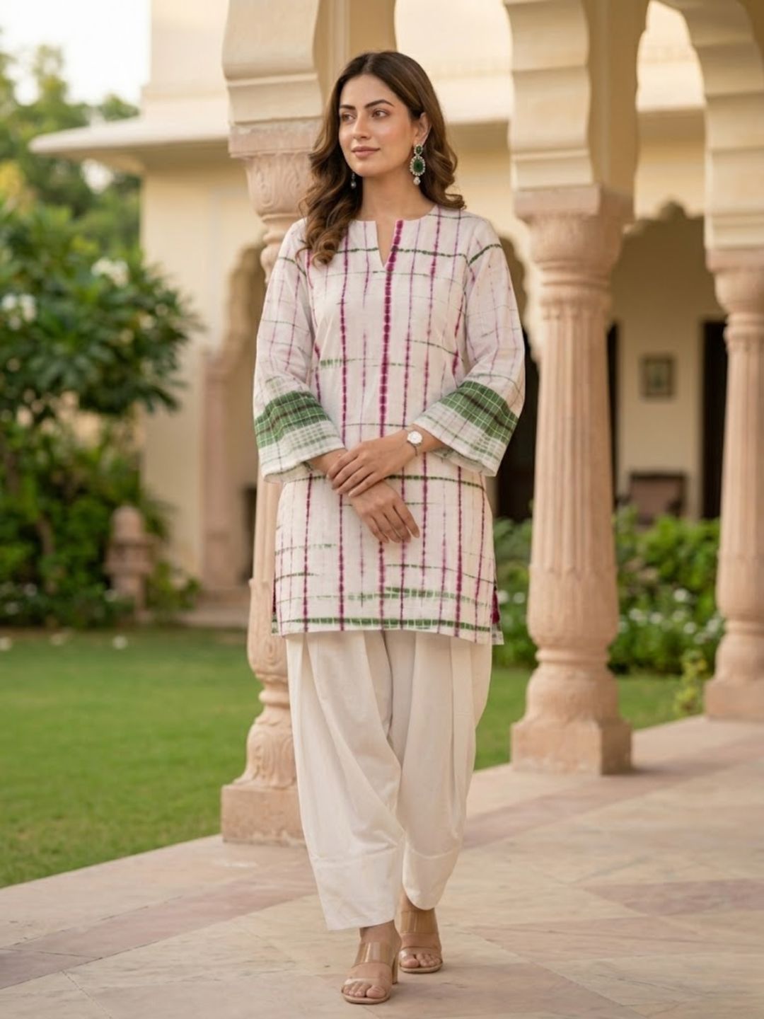 Pspeaches Women Cotton Full Sleeves Mandarin Collar Bandhani Print Kurta With Pant 2 Piece Set - White