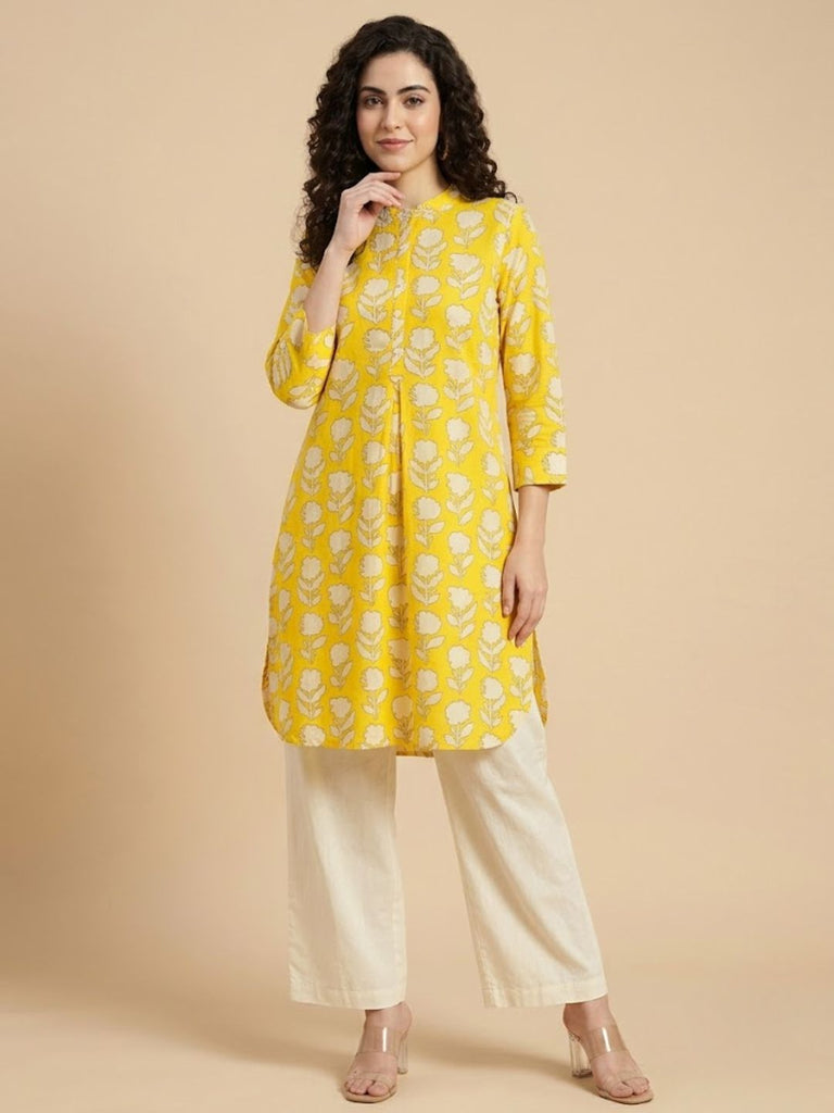 Pspeaches Women Cotton Full Sleeves Mandarin Collar Floral Print Kurta With Pant 2 Piece Set - Yellow & White