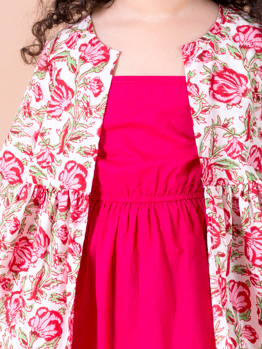 Pspeaches Magenta White Floral A-Line Cotton Dress With Attached Shrug (IW-FLORAL CAPE)