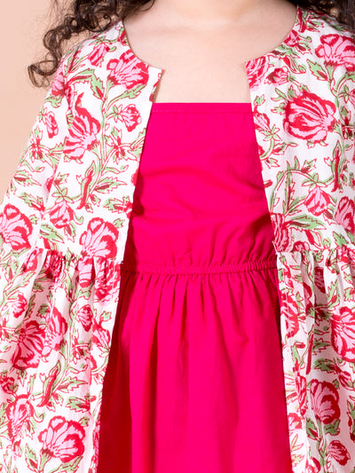 Pspeaches Magenta White Floral A-Line Cotton Dress With Attached Shrug (IW-FLORAL CAPE)