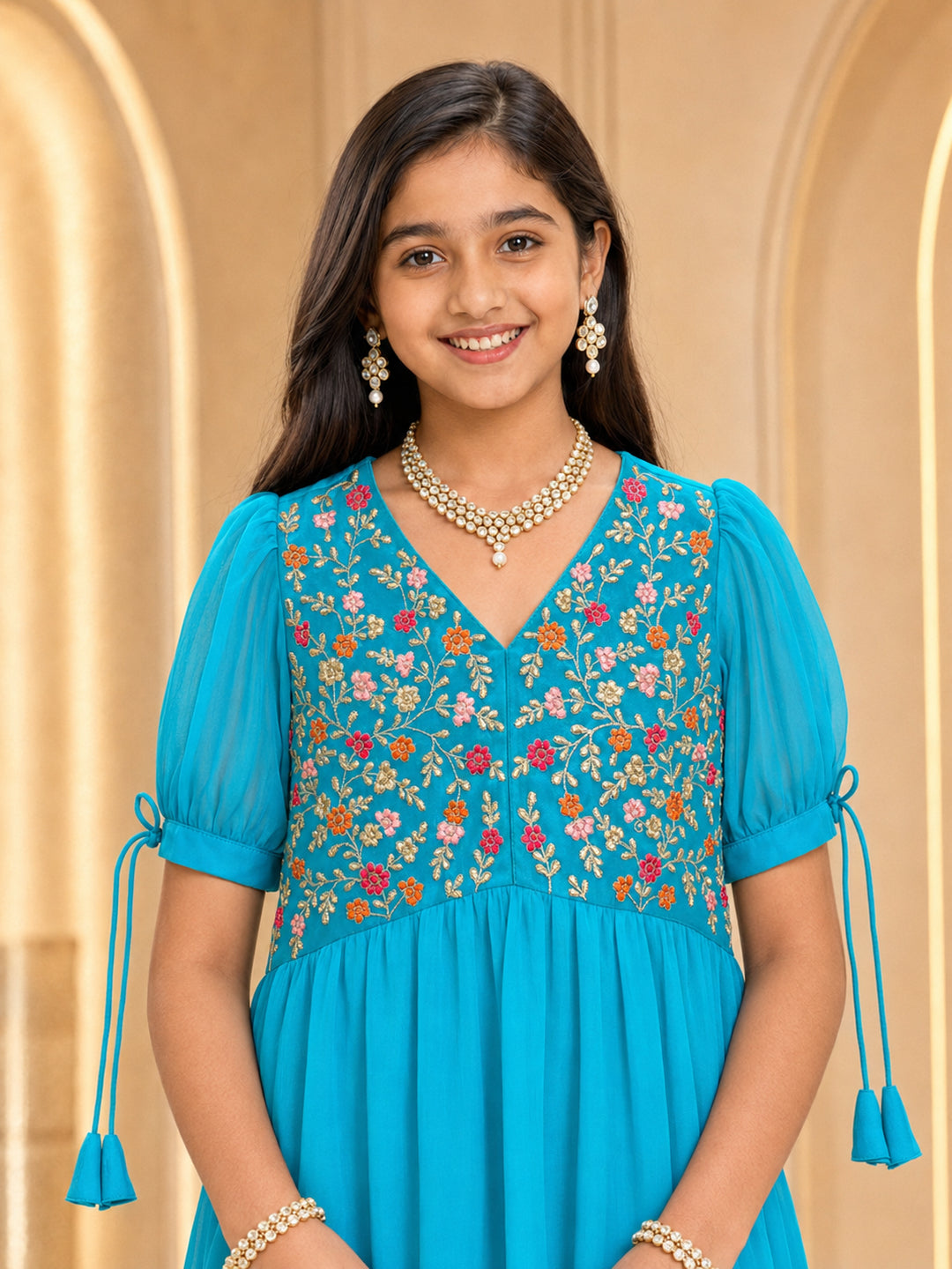 Pspeaches Girls Georgette Half Sleeves V-Neck Embroidered Turq Kurti & Palazzo 2 Piece Set