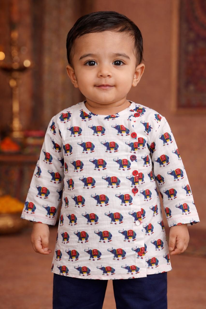 Pspeaches Baby Boys White & Navy-Blue Ethnic Animal Print Cotton Straight Fit Kurta With Pyjama Set ( Sku-Inb-Whitehathi )