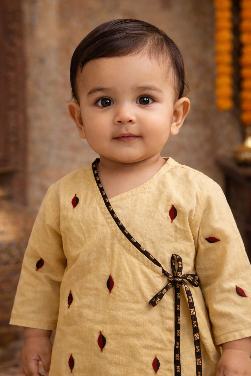 Pspeaches Baby Boys Beige & Brown Embroidered Cotton Angrakha Kurta With Foil Print Dhoti Pant ( Sku-Inb-Dhotibrown )