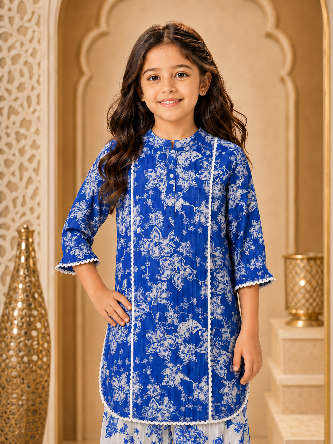 Girls Floral Printed Straight Fit Kurta With Pant (KS-FLORALBLUE)