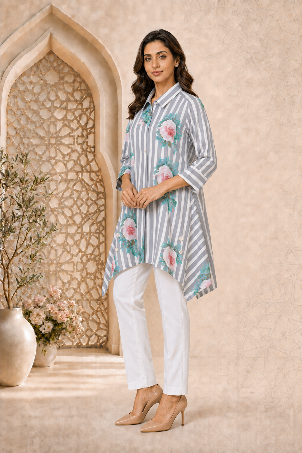Women’s Grey Striped Asymmetrical Muslin Top