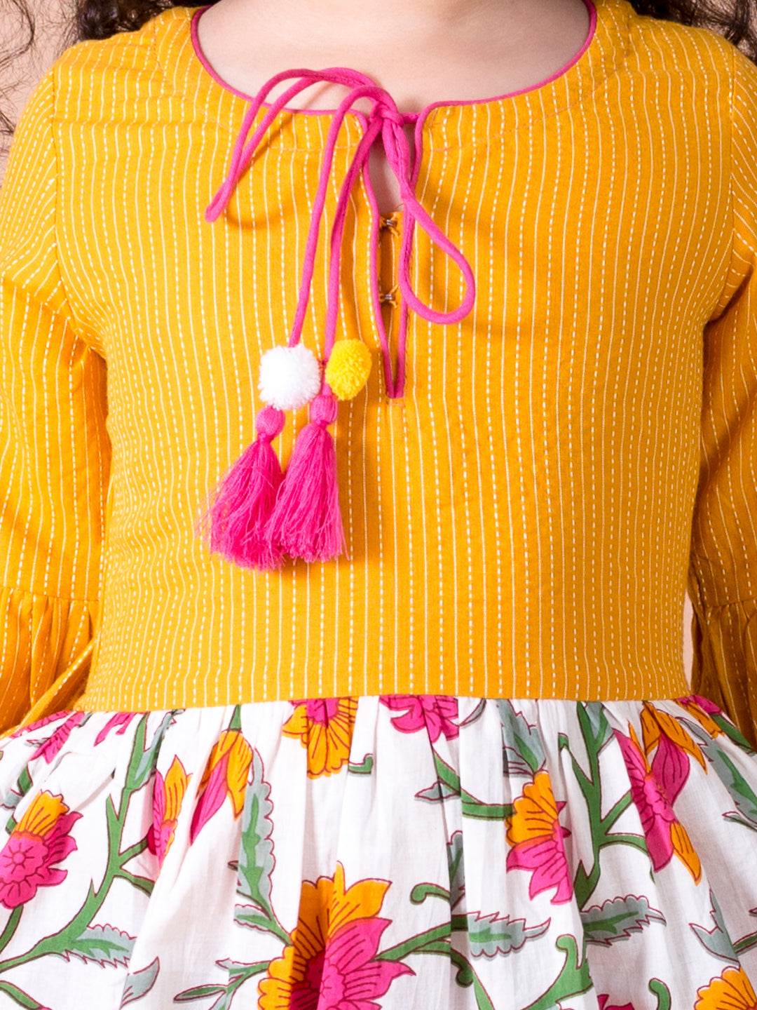 Pspeaches Yellow White Floral Tie-Up Neck Cotton Dress (IW-YELLOW FLORAL DRESS)