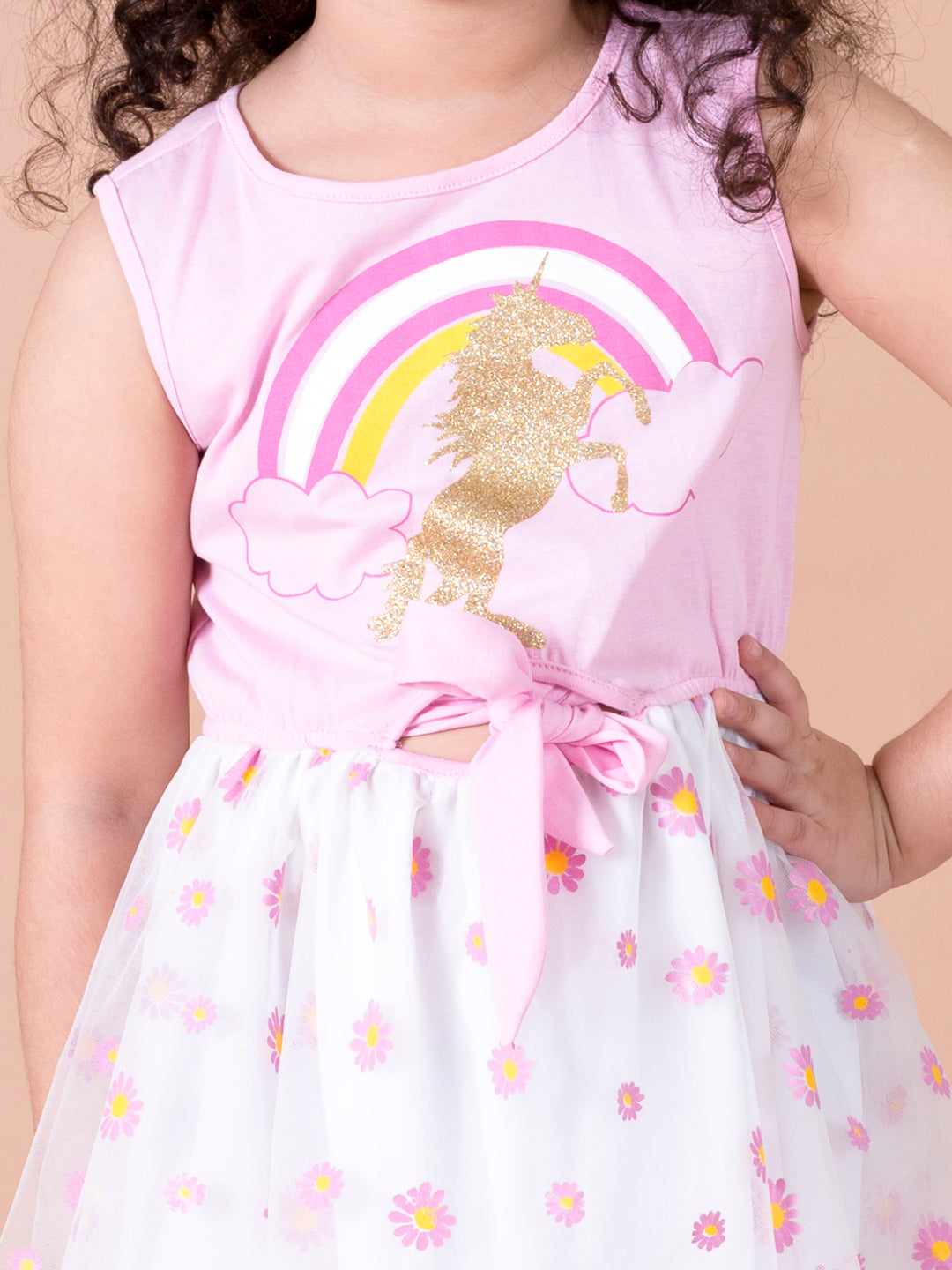 Pspeaches Girls White & Pink Polka Dot Printed Cotton jersey & Net Fit & Flare Dress (SKU-D-Roseuni)