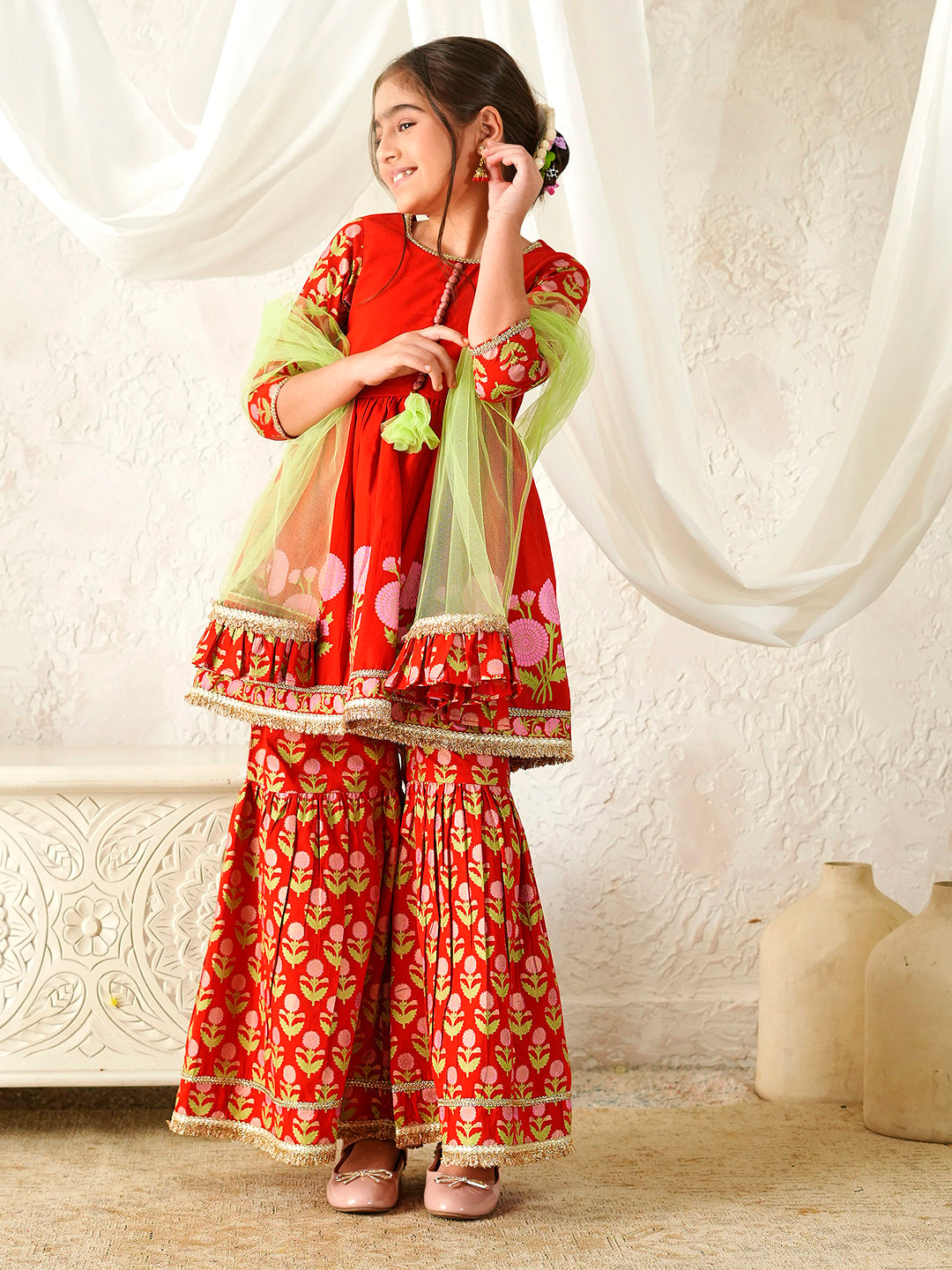 Pspeaches Girls Red Ethnic Booti Print Cotton A-Line Kurta & Sharara With Dupatta ( Sku-Sha-Redbooti )