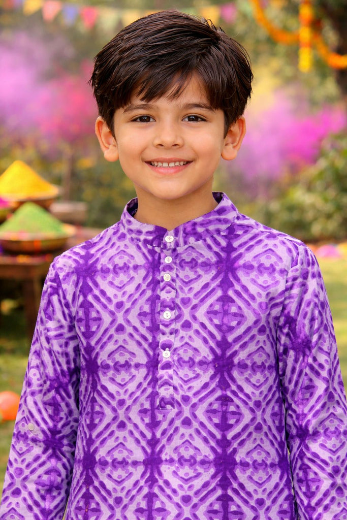 Pspeaches Boys Purple & White Ethnic shibori  Straight Fit Cotton Kurta Shirt ( Sku-Shkp-Purpleshibori )
