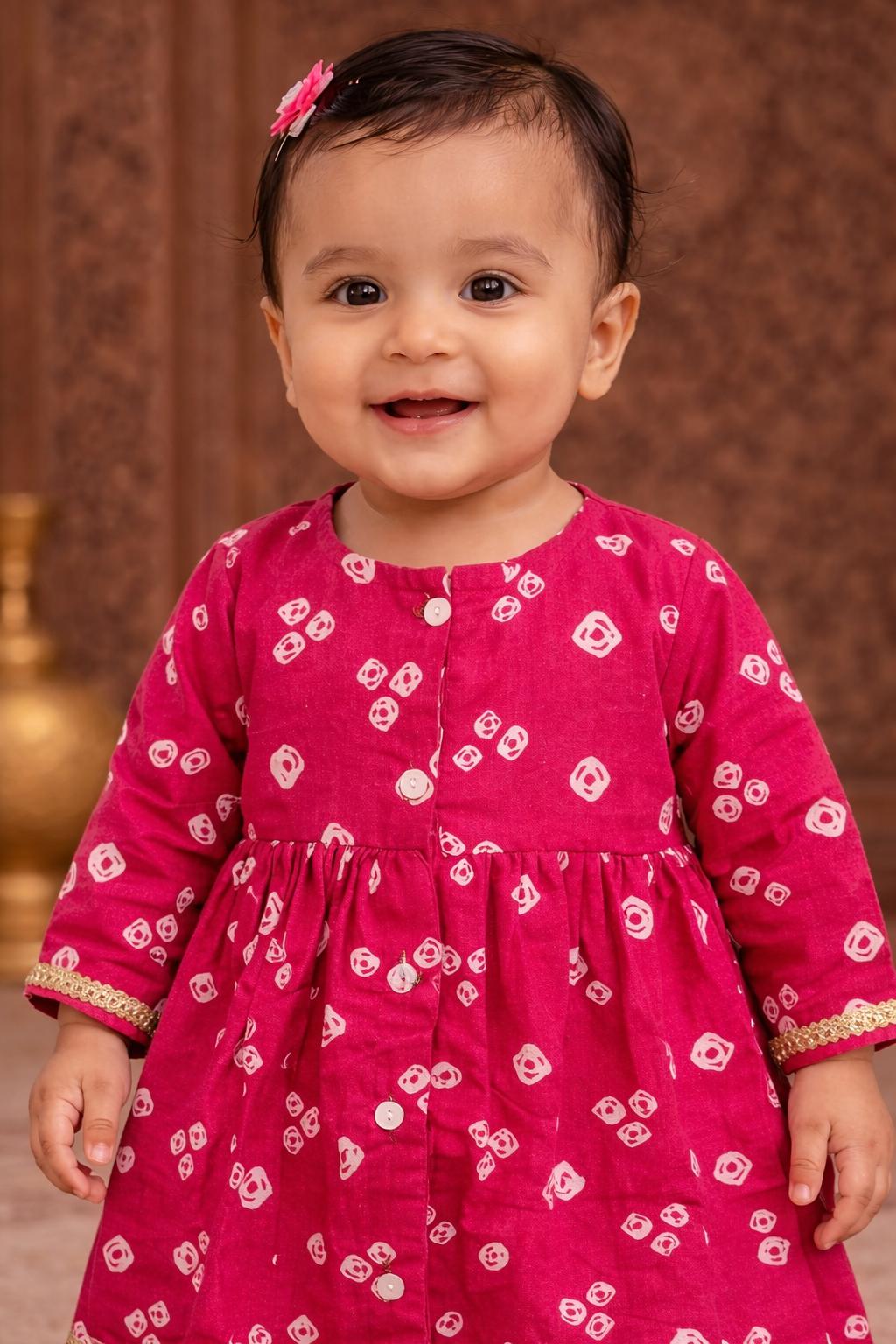 Pspeaches Baby Girls Rani Pink Ethnic Booti Print Cotton A-Line Kurta & Pant Set ( Sku-Ing-Ranibooti )