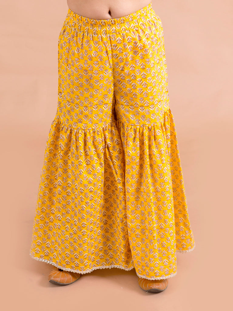 Pspeaches Girls Yellow Ethnic Booti Print Cotton A-Line Kurta With Sharara Set ( Sku-Ks-Mustardbooti )