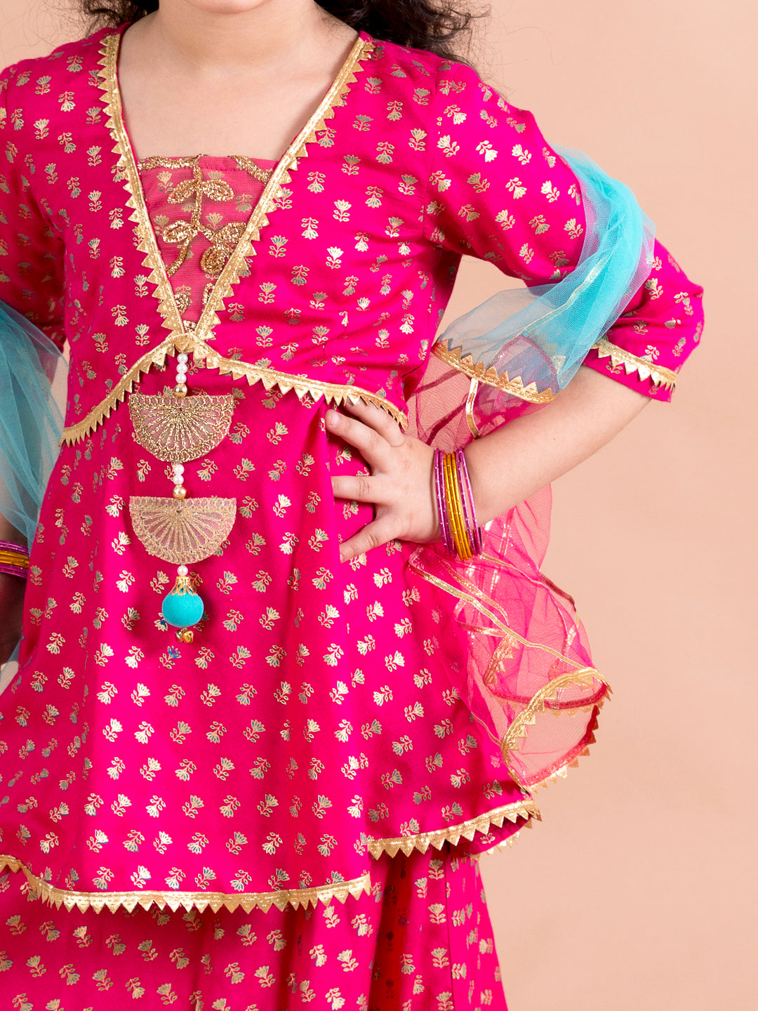 Pspeaches Girls Magenta Blue Printed Ready To Wear Lehenga Blouse With Dupatta (L-FOIL MAGENTA)
