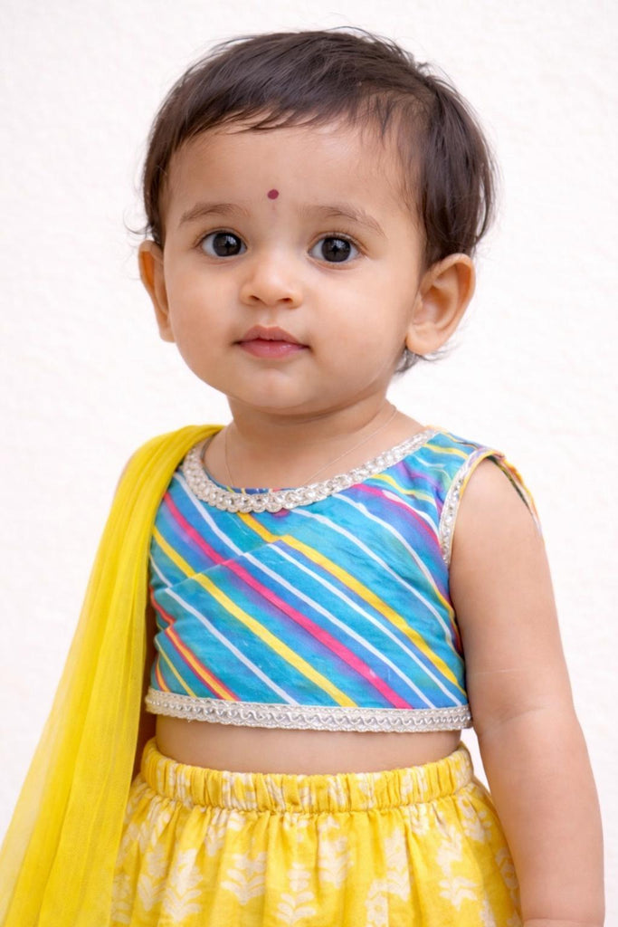 Pspeaches Baby Girls Yellow & Blue Ethnic Leheriya Print Cotton Circular Lehenga & Choli With Dupatta ( Sku-Ing-Lyellowfoil )