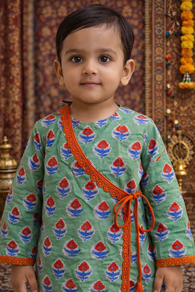 Pspeaches Baby Boys Green & Orange Ethnic Booti Print Cotton Angrakha Kurta With Pyjama Set ( Sku-Inb-Greenred )