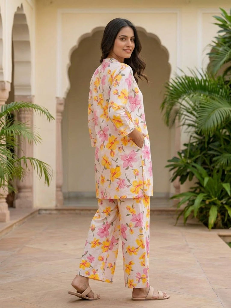 Pspeaches Women Cotton Full Sleeves Mandarin Collar Floral Print Kurta With Pant 2 Piece Set - Offwhite
