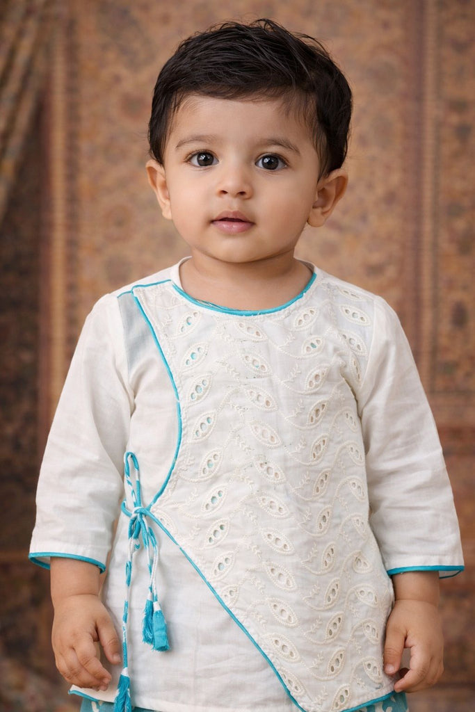 Pspeaches Baby Boys White & Turquoise Embroidered Cotton Angrakha Kurta With Dhoti Pant ( Sku-Inb-Dhotiwhite )