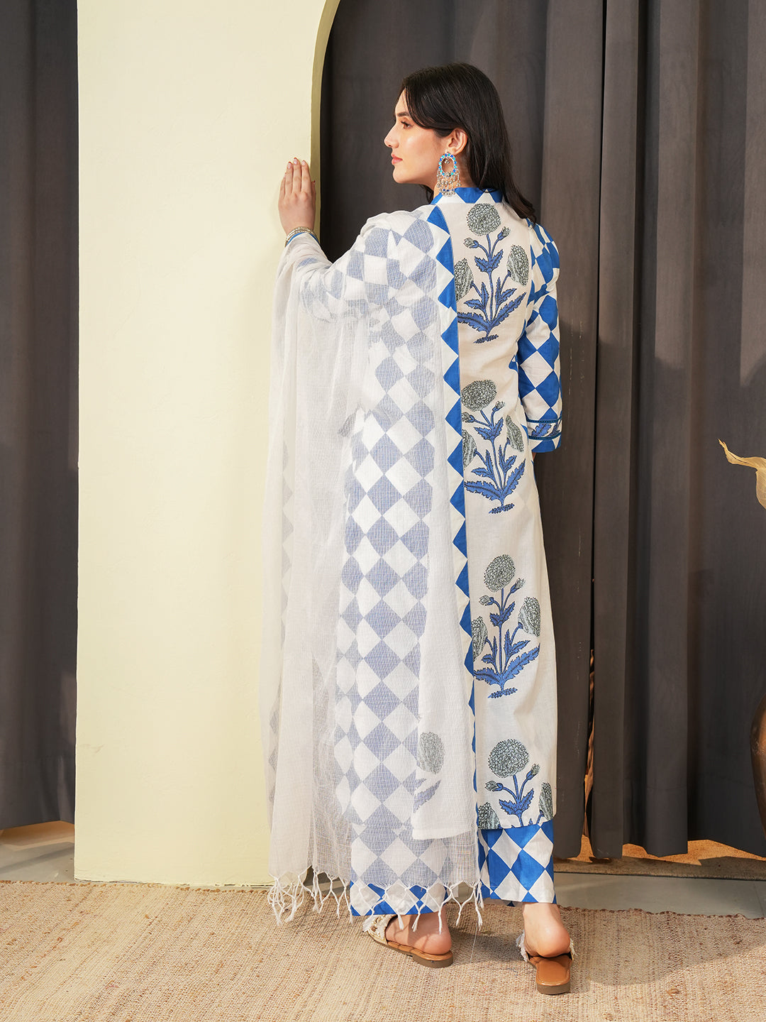 Blue Check Lace Insert Kurta Set with Dupatta