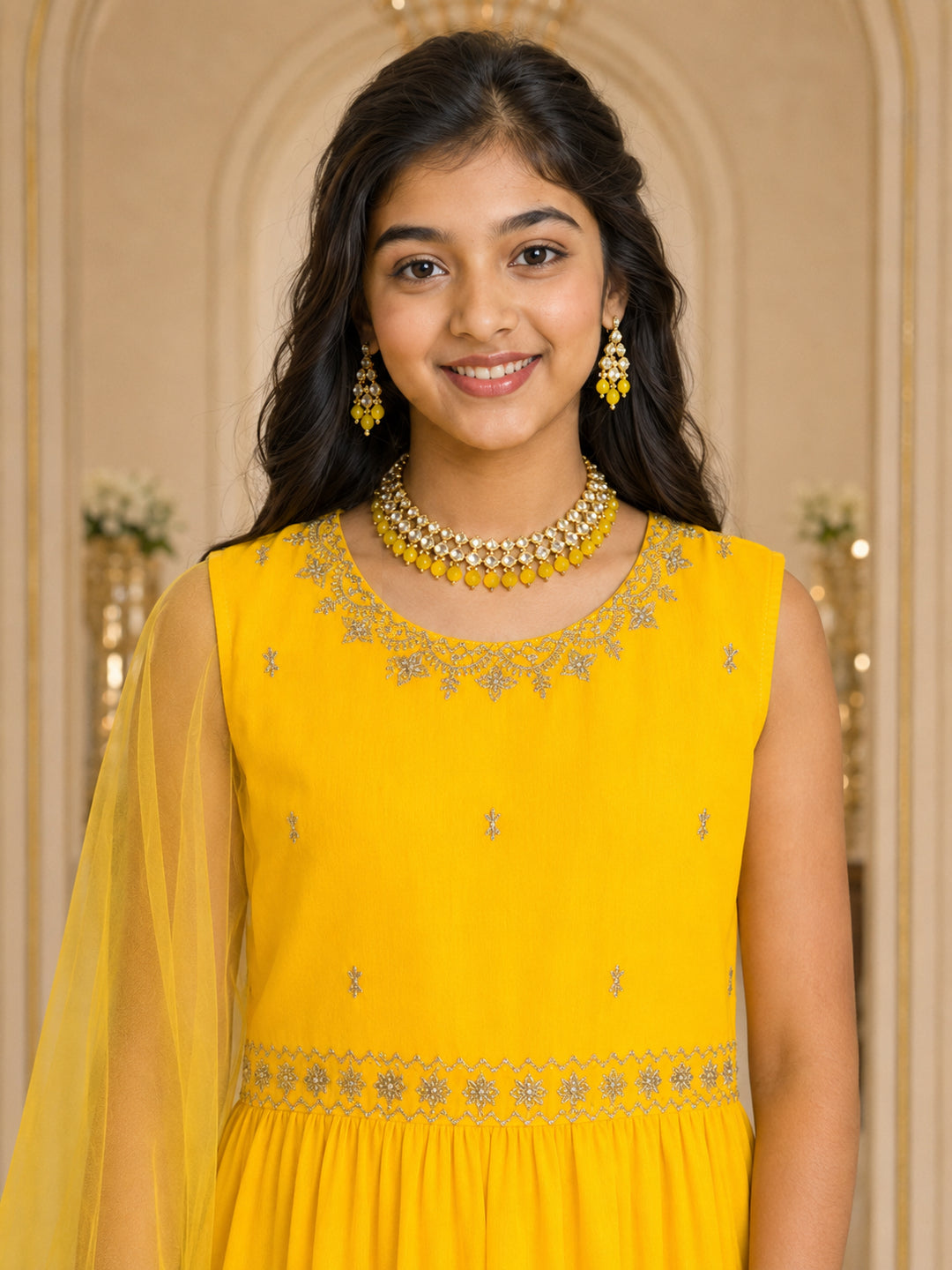 Pspeaches Girls Georgette Sleeveless Round Neck Embroidered Yellow Kurti & Sharara With Dupatta 3 Piece Set