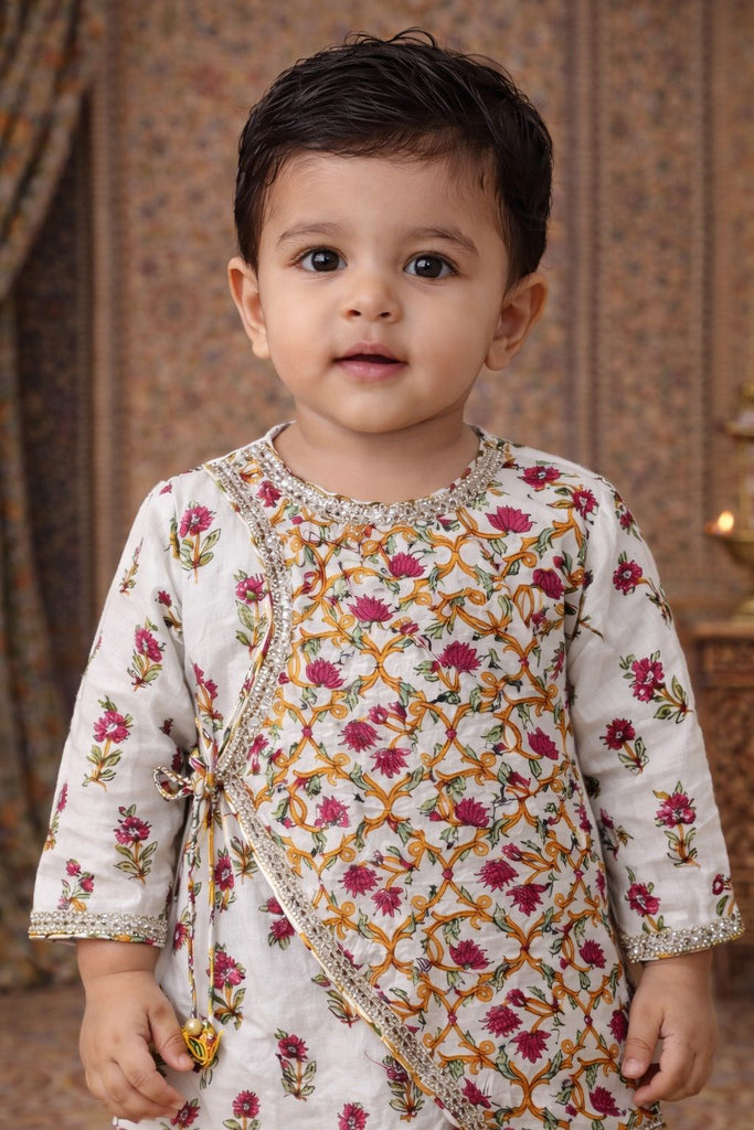 Pspeaches Baby Boys White Booti Print Cotton Angrakha Kurta With Dhoti Pant ( Sku-Inb-Dhotiprint )
