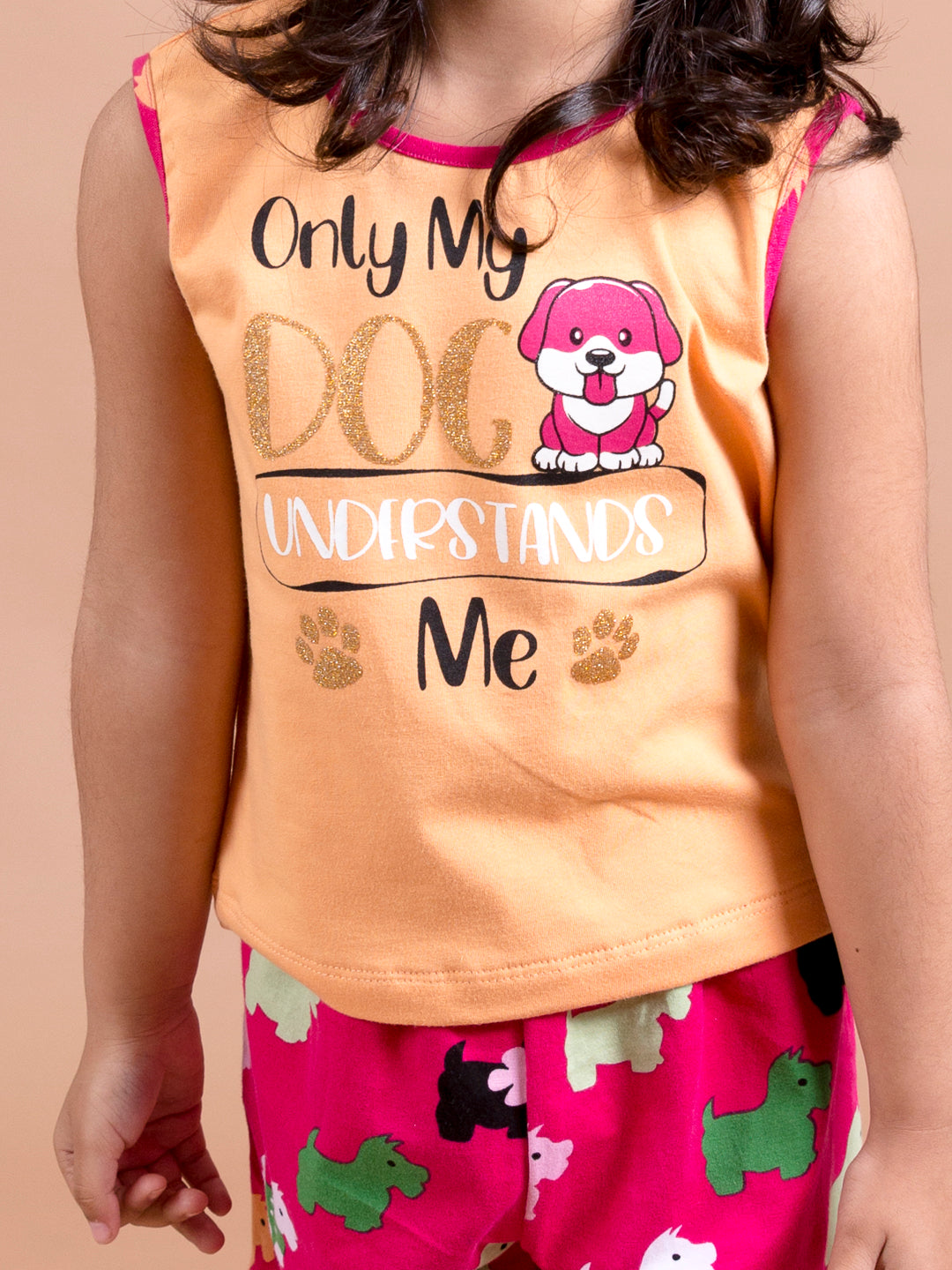 Girls Magenta Orange Printed Co-Ords Set (sh-dogmulti)