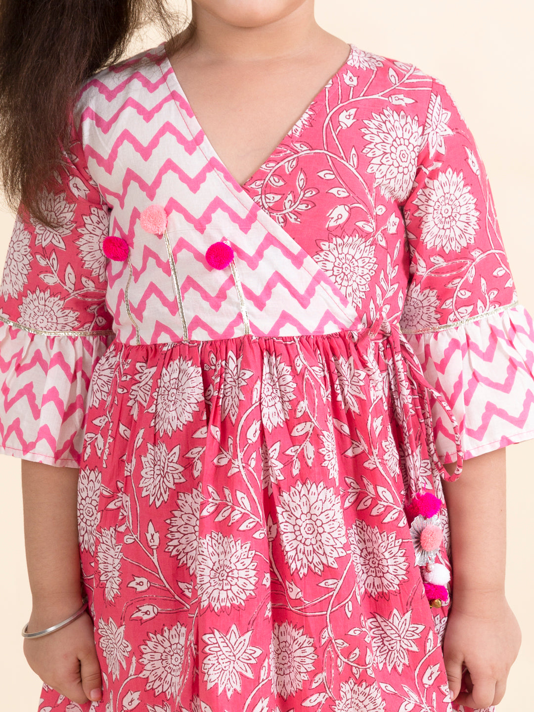 Pspeaches Girls Pink Floral Striped Pure Cotton Kurti With Patiala (KS-PINK ANGRAKHA)
