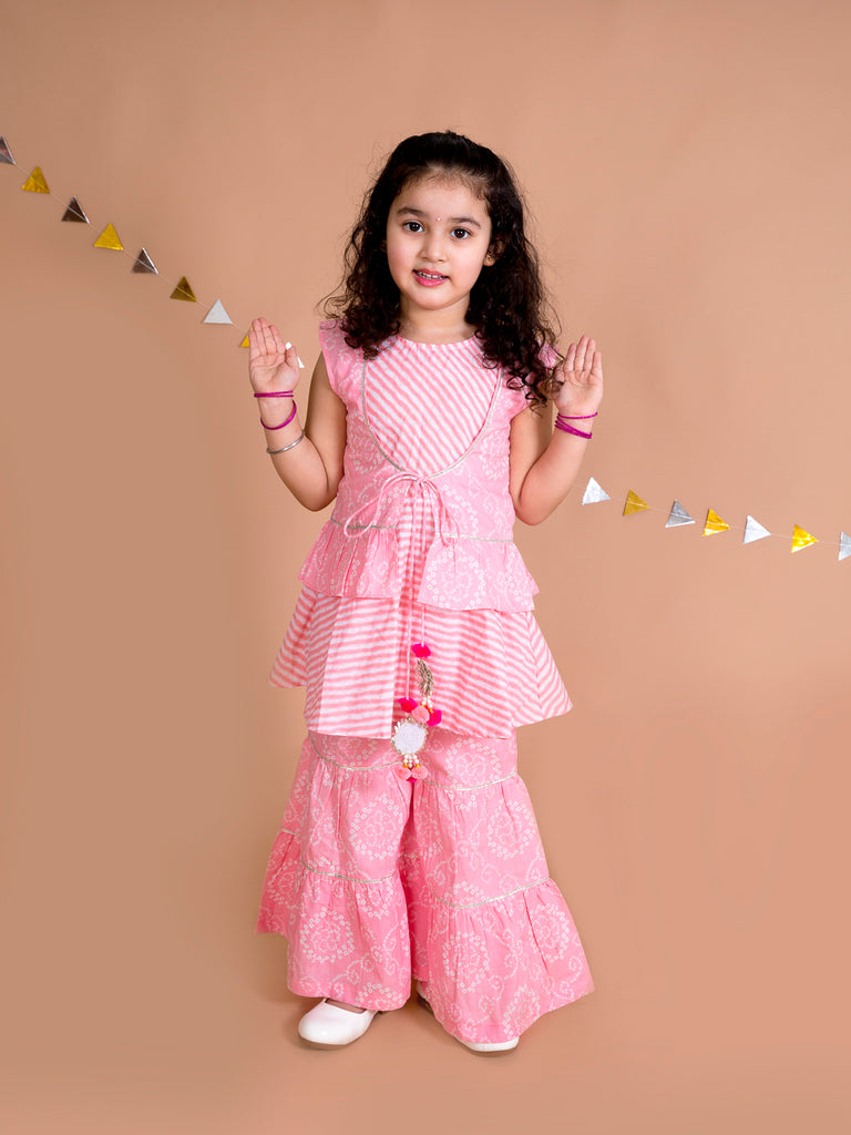 Pspeaches Girls Pink Floral Striped Empire Pure Cotton Kurti With Sharara (SHA-PIN BANDHNI)