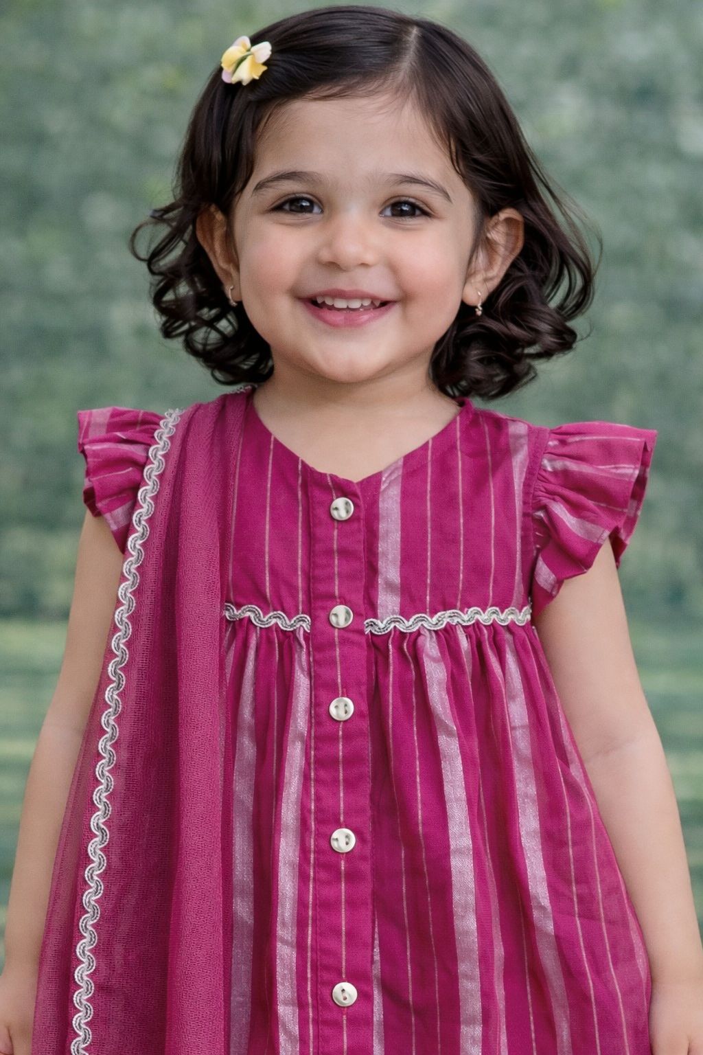 Pspeaches Girls Magenta Ethnic Lurex Pattern Cotton Lurex A-Line Kurta & Pant With Dupatta ( Sku-Ing-Majentalurex )