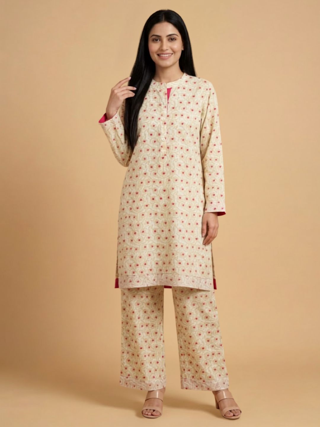 Pspeaches Women Cotton Full Sleeves Mandarin Collar Floral Print Kurta With Pant 2 Piece Set - Beige