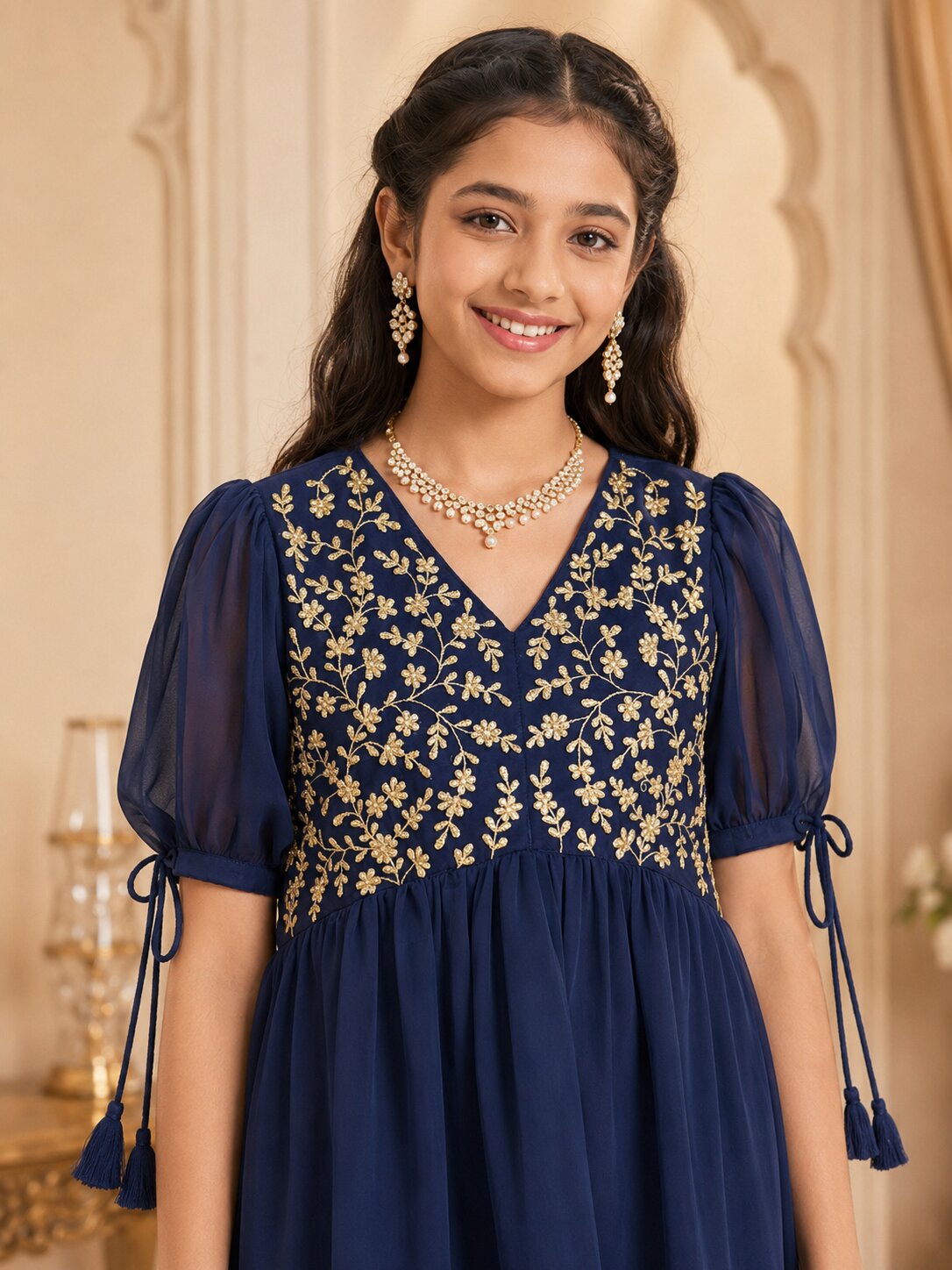 Pspeaches Girls Georgette Half Sleeves V-Neck Embroidered Teal Kurti & Palazzo 2 Piece Set