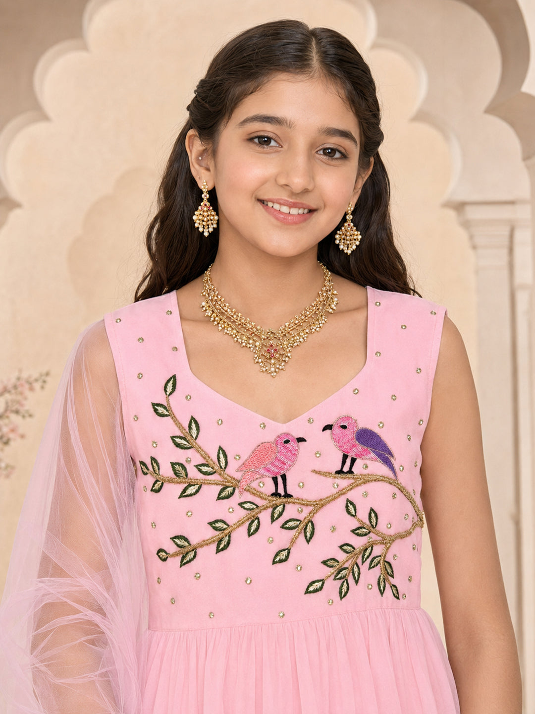 Pspeaches Girls Georgette Sleeveless Square Neck Embroidered Pink Kurti & Palazzo With Dupatta 3 Piece Set