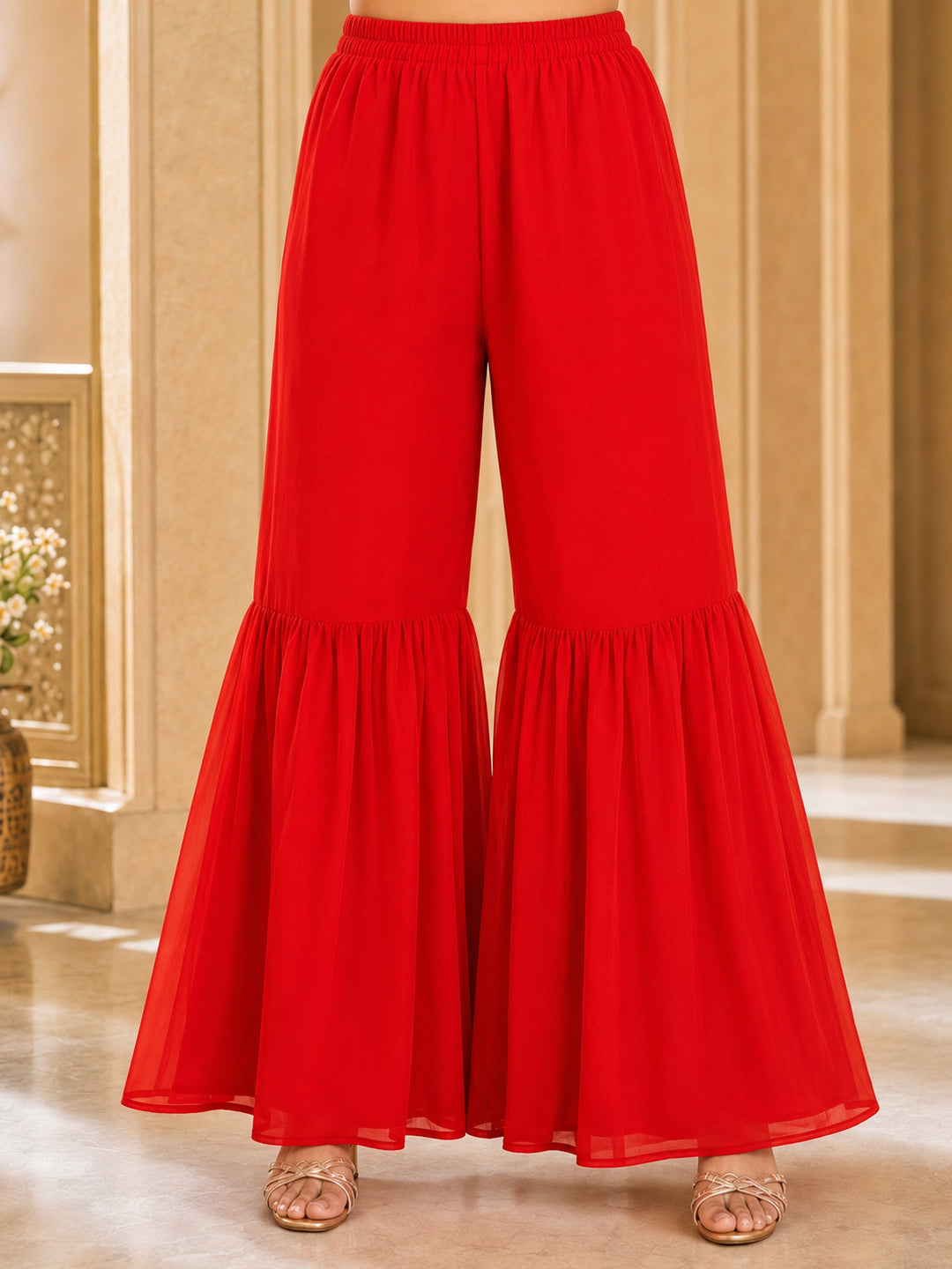 Pspeaches Girls Georgette Sleeveless Round Neck Embroidered Red Kurti & Sharara With Dupatta 3 Piece Set
