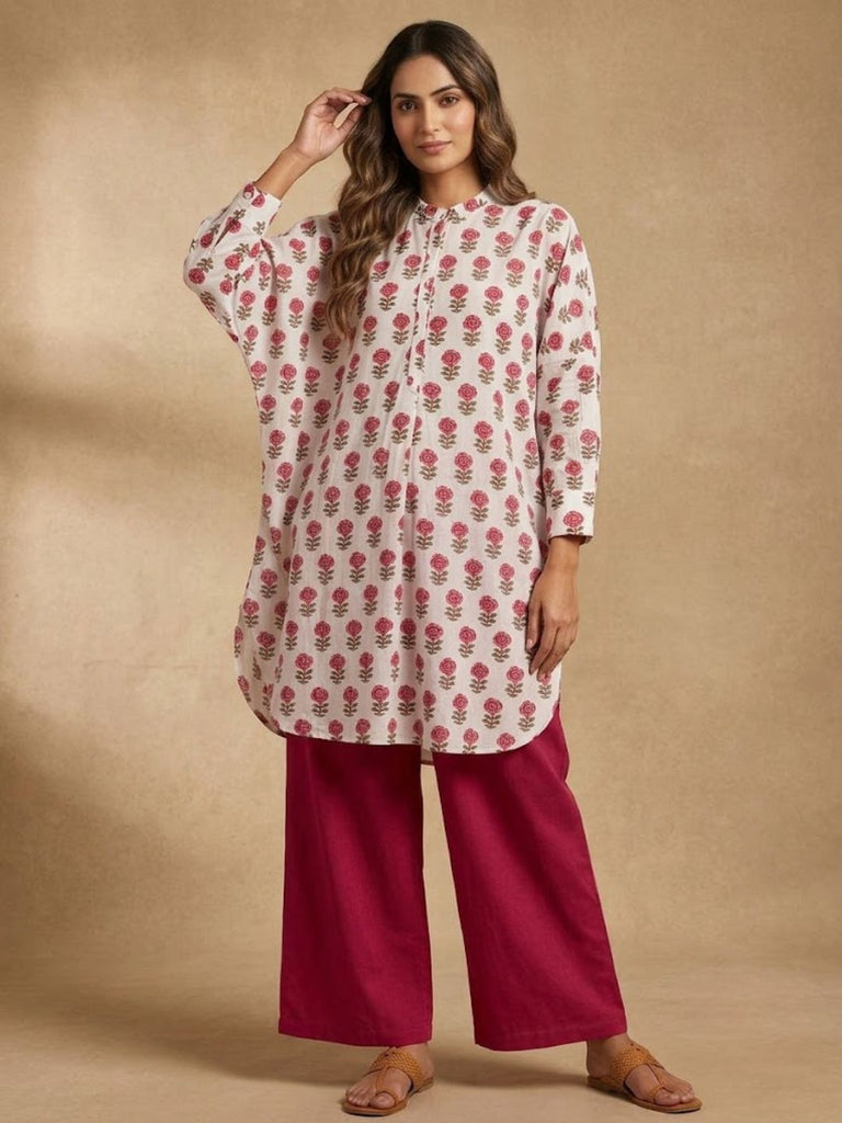 Pspeaches Women Cotton Full Sleeves Mandarin Collar Floral Print Kurta With Pant 2 Piece Set - White & Maroon