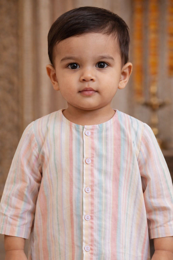 Pspeaches Baby Boys Multi Ethnic Stripe Cotton Straight Fit Kurta With Pyjama Set ( Sku-Inb-Lurexstripes )