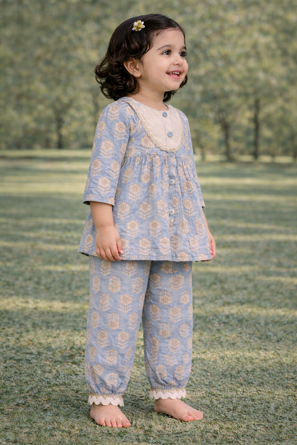 Pspeaches Baby Girls Blue Ethnic Booti Print Cotton A-Line Kurta & Pant Set ( Sku-Ing-Bluebooti )