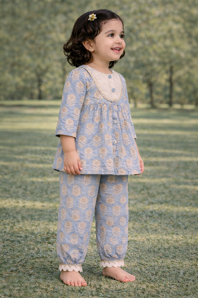 Pspeaches Baby Girls Blue Ethnic Booti Print Cotton A-Line Kurta & Pant Set ( Sku-Ing-Bluebooti )