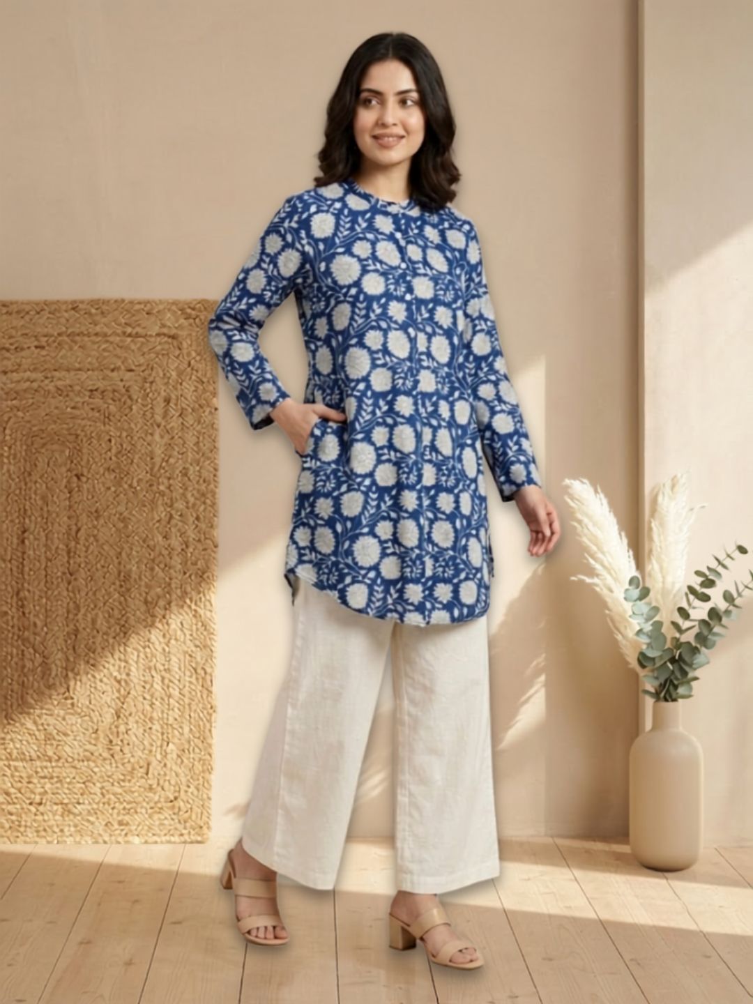 Pspeaches Women Cotton 3/4Th Sleeves Mandarin Collar Floral Print Kurta With Pant 2 Piece Set - Blue & White