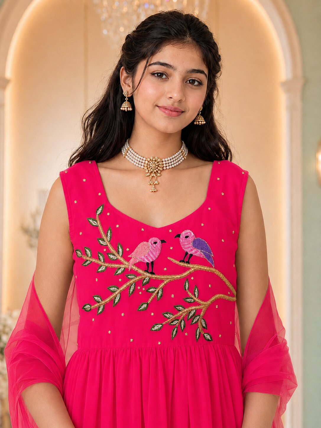 Pspeaches Girls Georgette Sleeveless Square Neck Embroidered Coral Red Kurti & Palazzo With Dupatta 3 Piece Set