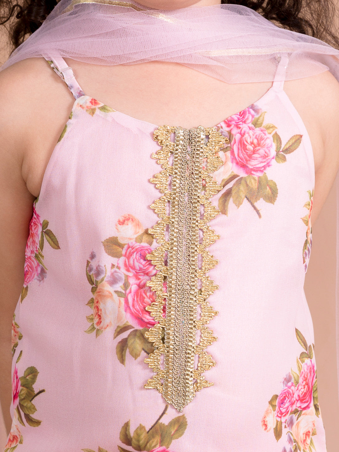 Pspeaches Girls Pink Floral Printed Kurti With Sharara With Dupatta (SHA-PINK GGT)