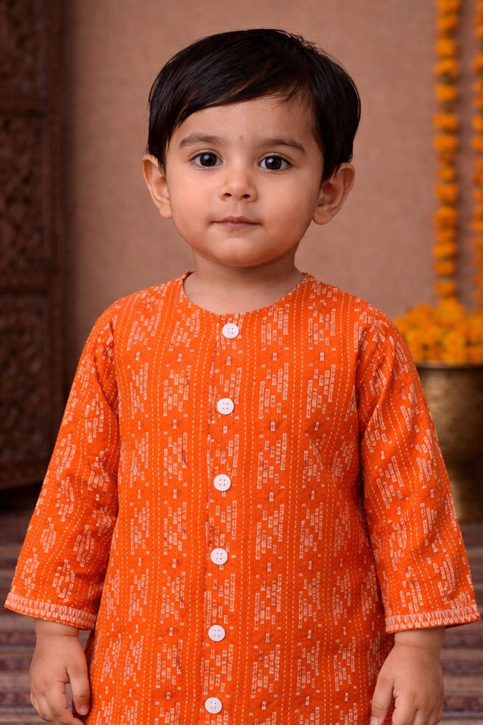 Pspeaches Baby Boys Orange & White Ethnic Dobby Cotton Straight Fit Kurta With Pyjama Set ( Sku-Inb-Orangedobby )